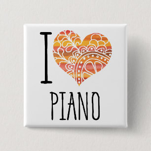 Badge Carré 5 Cm I Love Piano Orange Mandala Heart