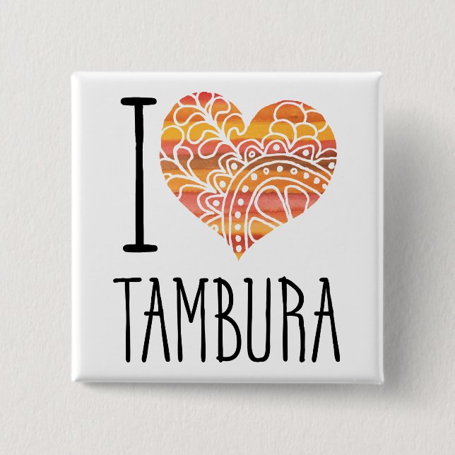 Badge Carré 5 Cm I Love Tambura Orange Mandala Heart (Devant)