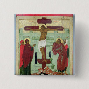 Badge Carré 5 Cm Icône dépeignant la crucifixion avec la Vierge