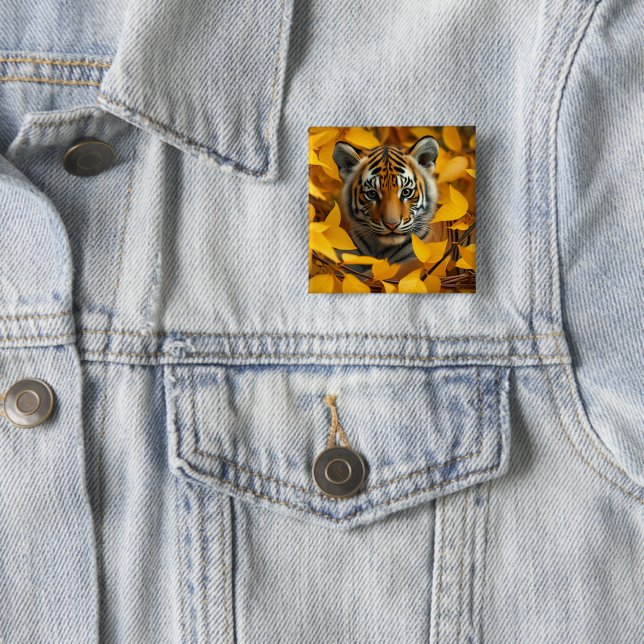 Badge Carré 5 Cm Icône : petit tigre en feuille (En situation)