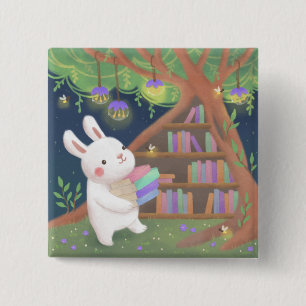 Badge Carré 5 Cm Illustration de lapin bibliophile mignon