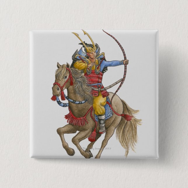 Badge Carré 5 Cm Illustration de Samurai sur l'arc à cheval (Devant)