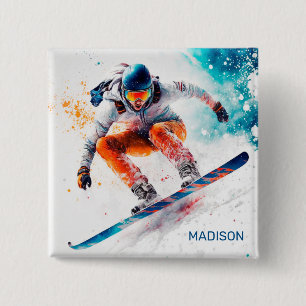 Badge Carré 5 Cm Illustration de snowboarder de nom personnalisé
