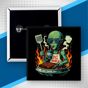 Badge Carré 5 Cm Illustration drôle d'un barbecue extraterrestre Ré