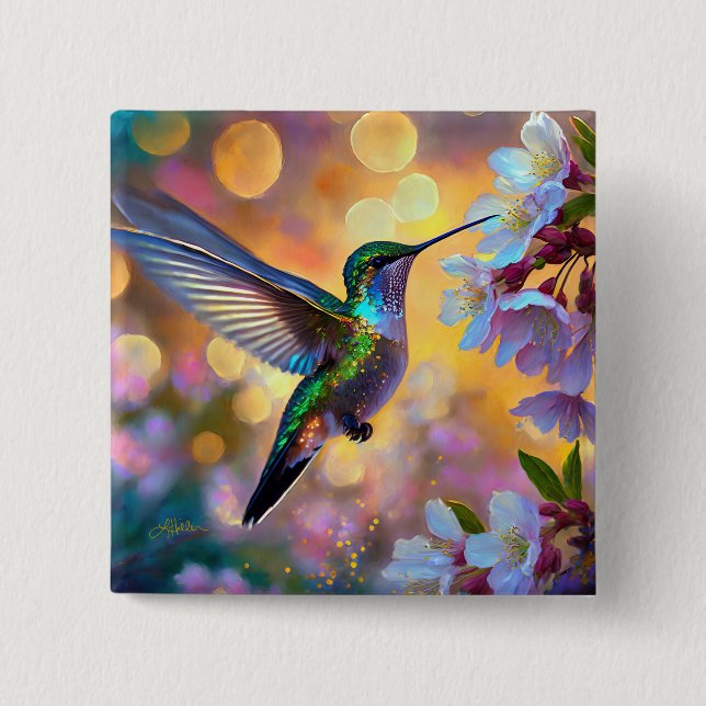 Badge Carré 5 Cm Imaginaire de cerisier en fleurs Hummingbird (Devant)