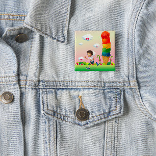 Badge Carré 5 Cm Imaginaire Ice Cream Cone avec Happy Running Boy