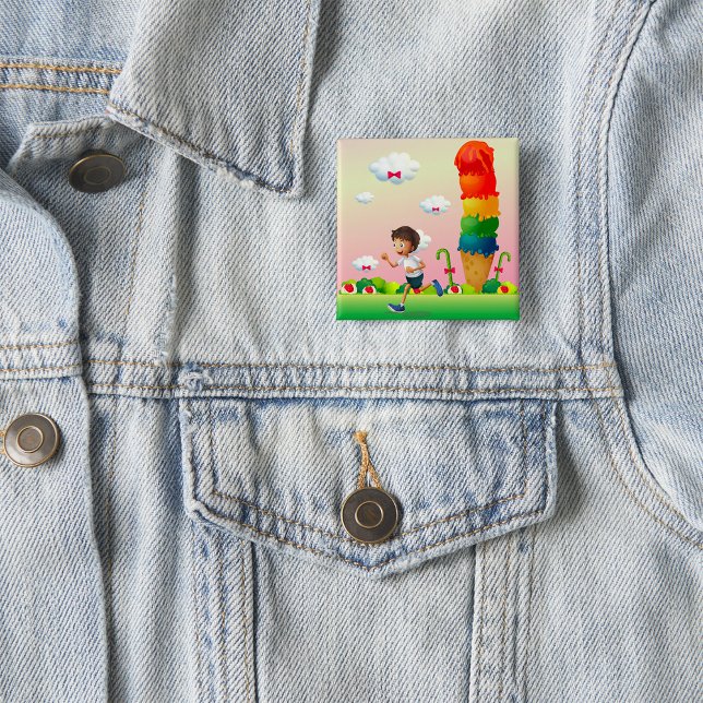 Badge Carré 5 Cm Imaginaire Ice Cream Cone avec Happy Running Boy (Créateur téléchargé)