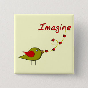 Badge Carré 5 Cm "Imaginez" la conception d'oiseau et de coeurs