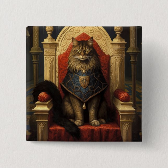 Badge Carré 5 Cm Impression d'art du trône de chat Maine Coon noble (Devant)