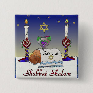 Badge Carré 5 Cm Impression d'art Judaica Shabbat Shalom