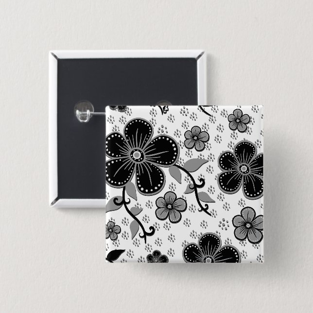 Badge Carré 5 Cm Impression florale noire et blanche (Devant & derrière)