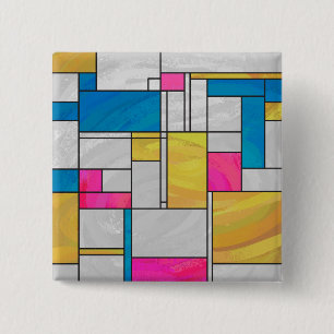 Badge Carré 5 Cm Impression jaune rose bleu Mondrian