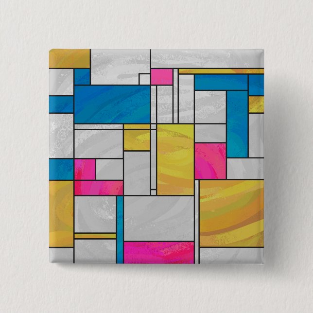 Badge Carré 5 Cm Impression jaune rose bleu Mondrian (Devant)