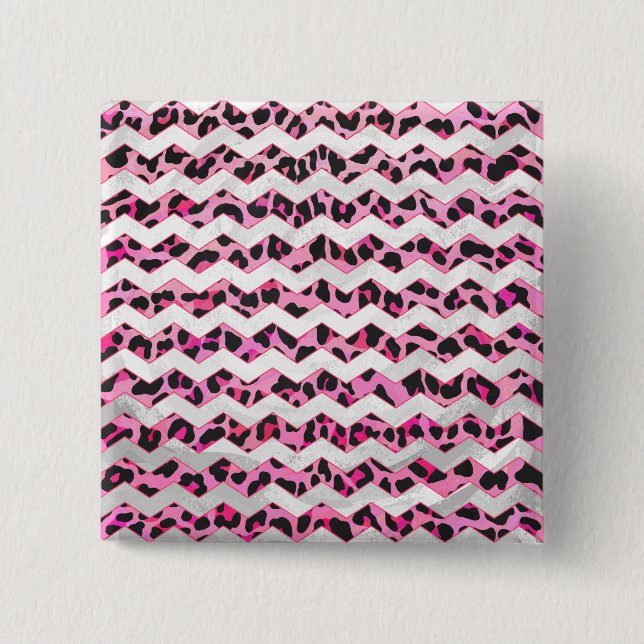 Badge Carré 5 Cm Impression léopard noir et rose chaud (Devant)