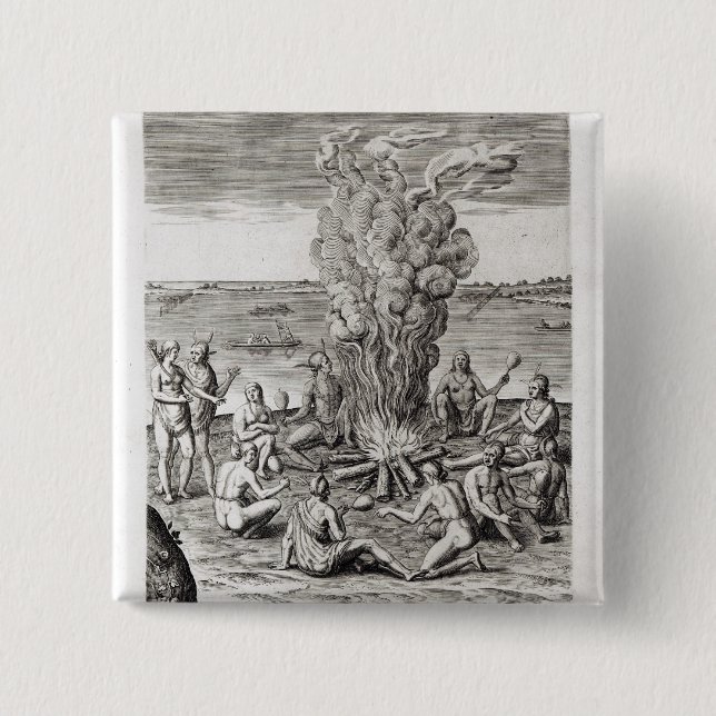 Badge Carré 5 Cm Indiens priant autour d'un feu, gravant (Devant)