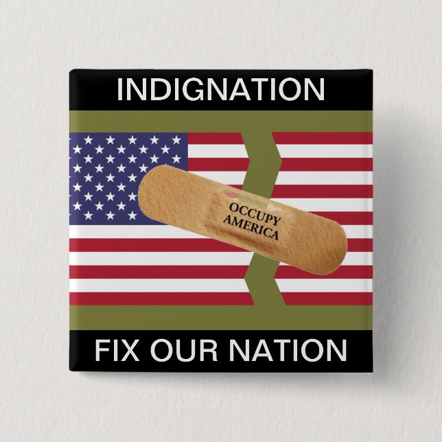 BADGE CARRÉ 5 CM INDIGNATION FIXE NOTRE NATION (Devant)