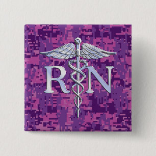 Badge Carré 5 Cm Infirmière inscrite RN Silver Caduceus Fuchsia Cam