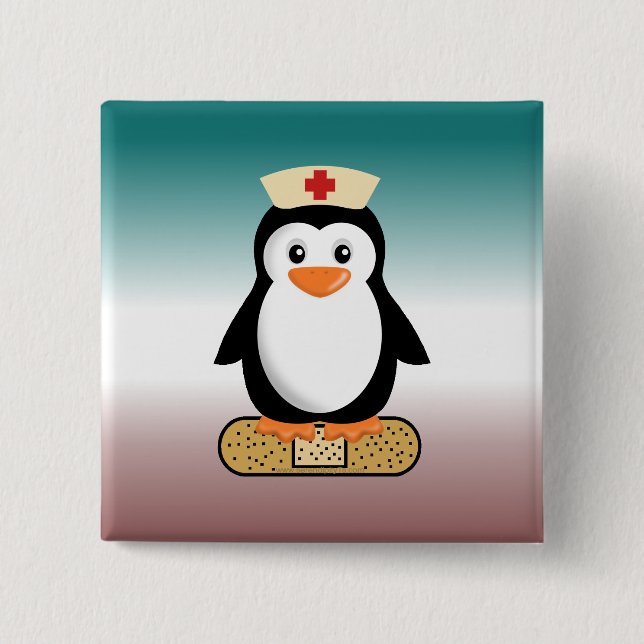 Badge Carré 5 Cm Infirmière Penguin (avec bandaid) (Devant)