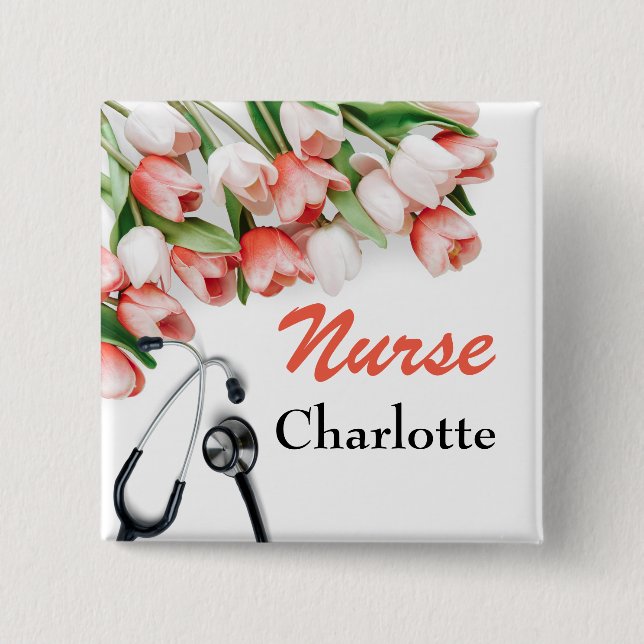 Badge Carré 5 Cm Infirmière personnalisée Tulipe rose (Devant)
