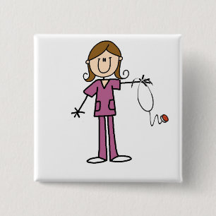 Badge Carré 5 Cm Infirmière Stick Figure Féminine aux Cheveux Bruns