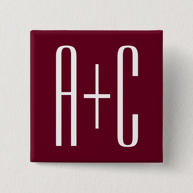 Badge Carré 5 Cm Initiales de couples simples | Blanc et bordeaux (Devant)