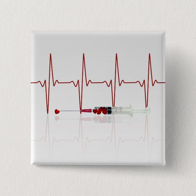 Badge Carré 5 Cm Injection au coeur rouge (Devant)