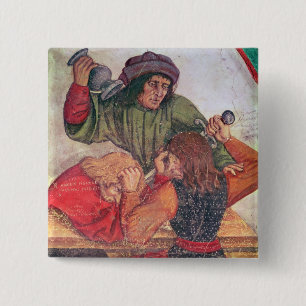 Badge Carré 5 Cm Intérieur d'une auberge, détail du combat de