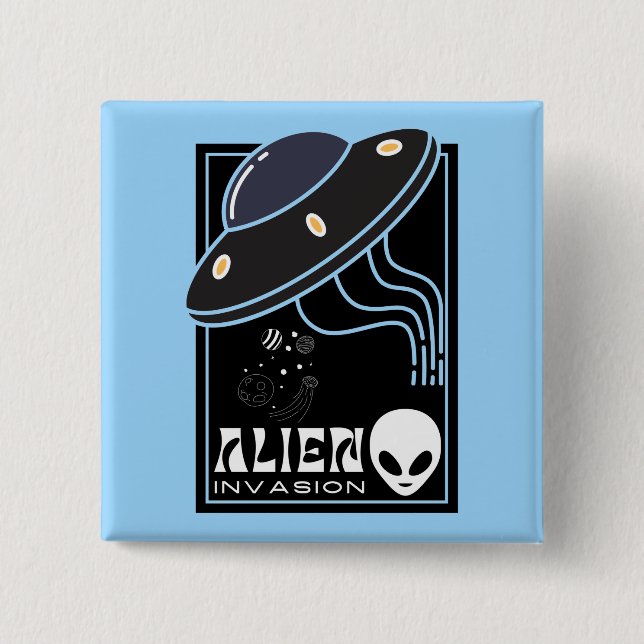 Badge Carré 5 Cm Invasion Alien UFO galaxie spatiale (Devant)
