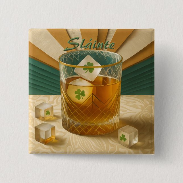 Badge Carré 5 Cm Irish Whiskey Tumbler Shamrock Ice "Sláinte!" (Devant)