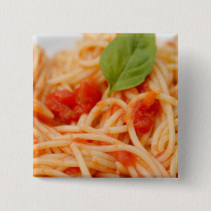 Badge Carré 5 Cm Italie, Orta, lac d'Orta, spaghetti avec tomates