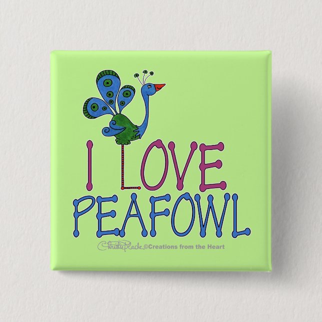 Badge Carré 5 Cm J'aime le Paon (Devant)