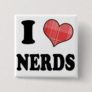 Badge Carré 5 Cm J'aime les Nerds (Cœur à Carreaux)