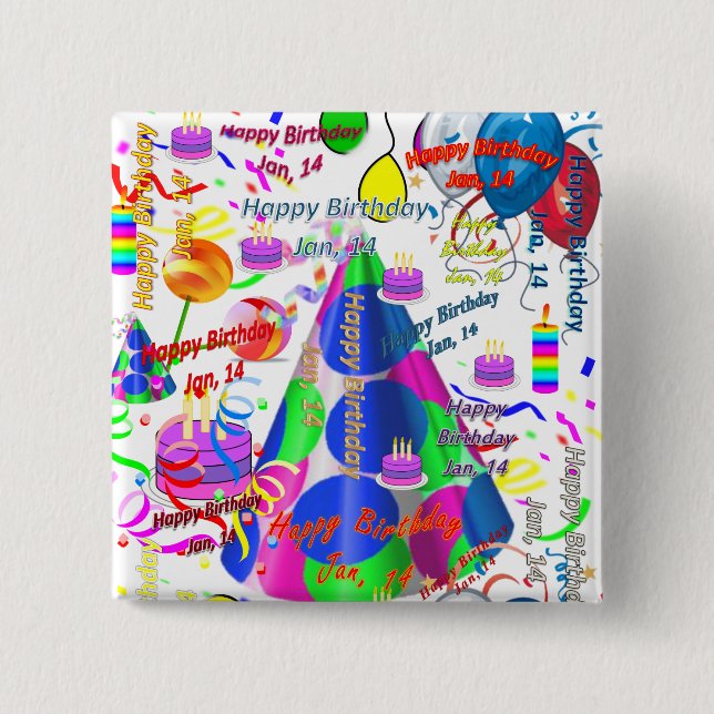 Badge Carré 5 Cm Janvier, 14 Anniversaire Carré Bouton (Devant)