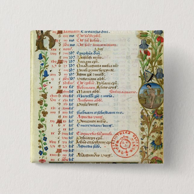 Badge Carré 5 Cm Janvier ; chiffres mangeant et buvant (Devant)