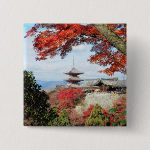 Badge Carré 5 Cm Japon, Kyoto. Temple Kiyomizu en couleur d'automne