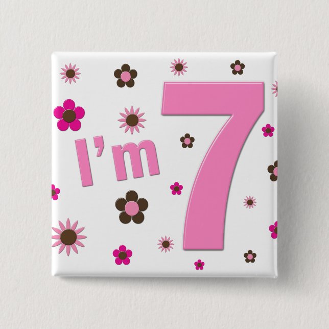 Badge Carré 5 Cm Je suis 7 fleurs de rose et de brun (Devant)