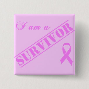 Badge Carré 5 Cm Je suis un survivant - ruban rose de cancer du