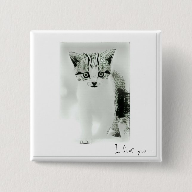 Badge Carré 5 Cm Je t'aime Bouton Chat (Devant)