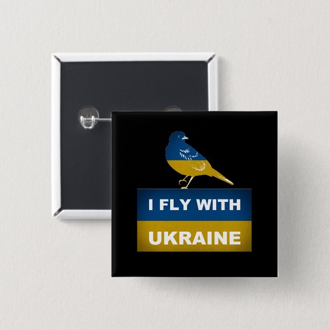 Badge Carré 5 Cm Je vole avec l'Ukraine, oiseau Nightingale Nationa (Devant & derrière)