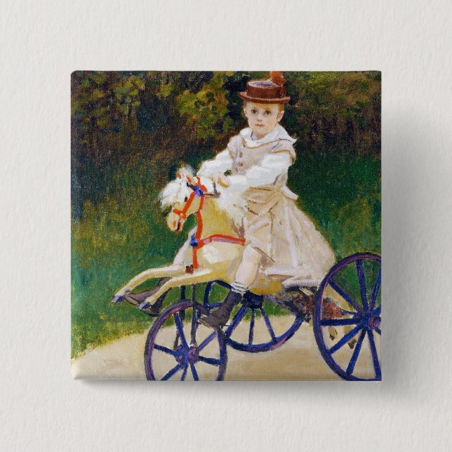 Badge Carré 5 Cm Jean Monet sur un cheval mécanique Claude Monet (Devant)