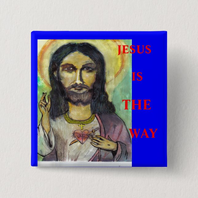 BADGE CARRÉ 5 CM JÉSUS, EST, MANIÈRE (Devant)