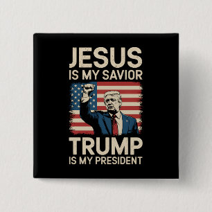 Badge Carré 5 Cm Jésus est mon sauveur Trump est mon président 47 É