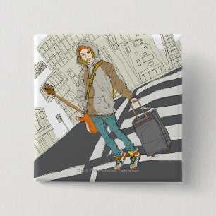 Badge Carré 5 Cm Jeune femme se tenant sur la rue avec le bagage