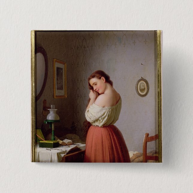 Badge Carré 5 Cm Jeune femme tressant ses cheveux (Devant)