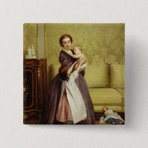 Badge Carré 5 Cm Jeune mère avec ses enfants dans un salon