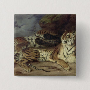 Badge Carré 5 Cm Jeune tigre jouant avec sa mère, 1830 (huile