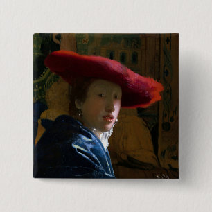Badge Carré 5 Cm Johannes Vermeer - Fille avec un Casquette rouge