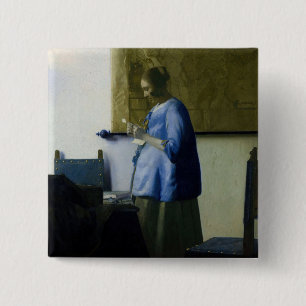 Badge Carré 5 Cm Johannes Vermeer - Une femme en bleu lisant une le