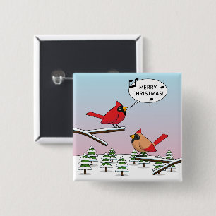 Badge Carré 5 Cm Joli Cardinal Rouge chanter Joyeux Noël