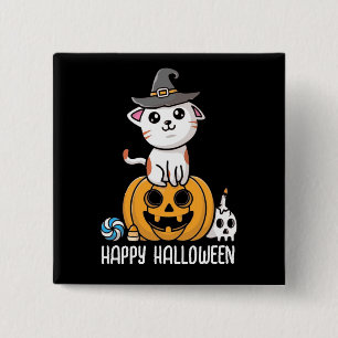 Badge Carré 5 Cm Joli Chat Assis sur Citrouille Halloween